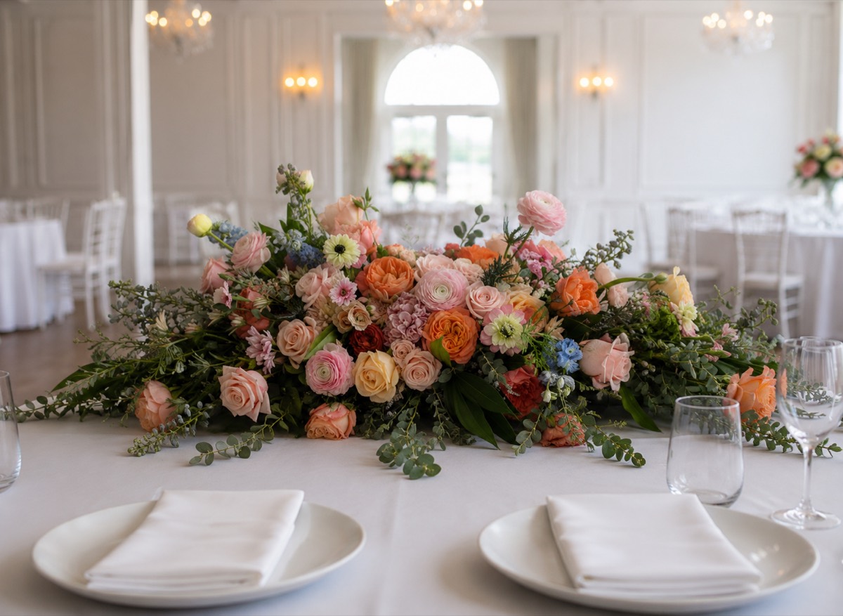 Head table arrangement of peach, pink, and orange garden flowers