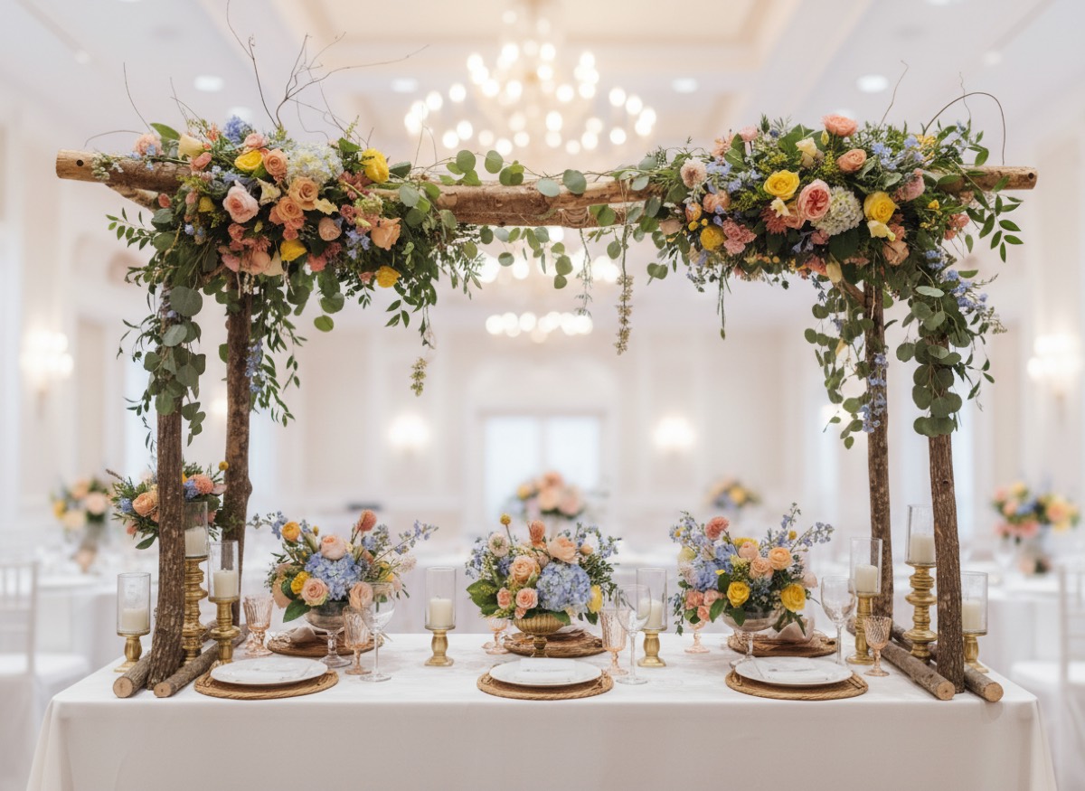 Branch canopy arch over a wedding head table with pastel arrangements